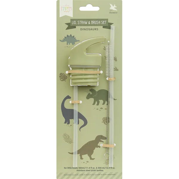 A Little Lovely Company - bouchon, paille et brosse pour bouteille en acier inoxydable - dinosaures