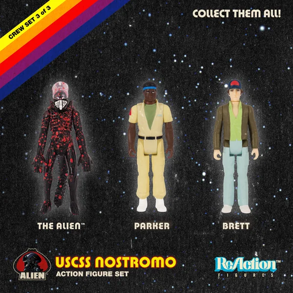 ALIEN: USCSS NOSTROMO CREW SET 3 of 3, THE ALIEN with ATTACK ACTION, DALLAS, LAMBERT - pack de 3 figurines articulées "ReAction" 9 cm