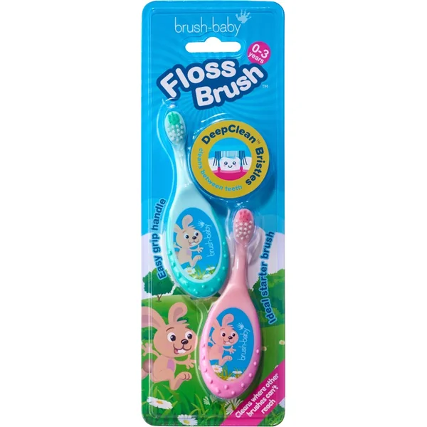 Brush-baby FlossBrush 2en1, première brosse à dents et anneau de dentition 2en1, 0-3 ans