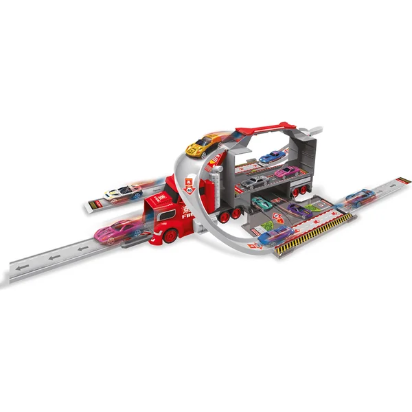 Camion de pompiers avec 4 voitures et panneaux de signalisation