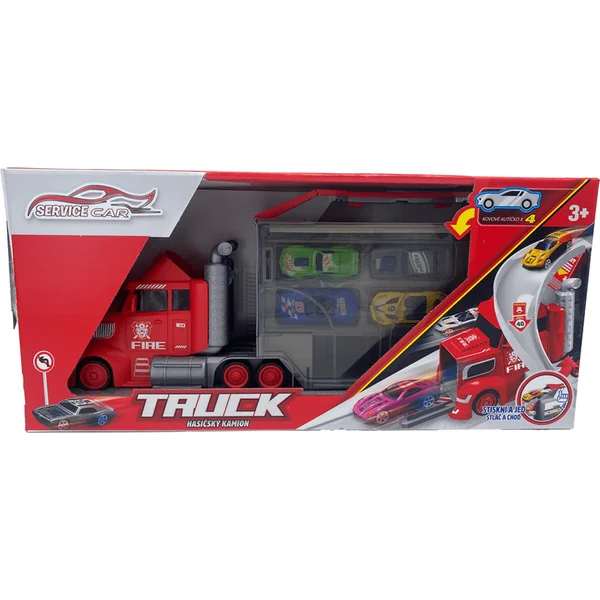 Camion de pompiers avec 4 voitures et panneaux de signalisation