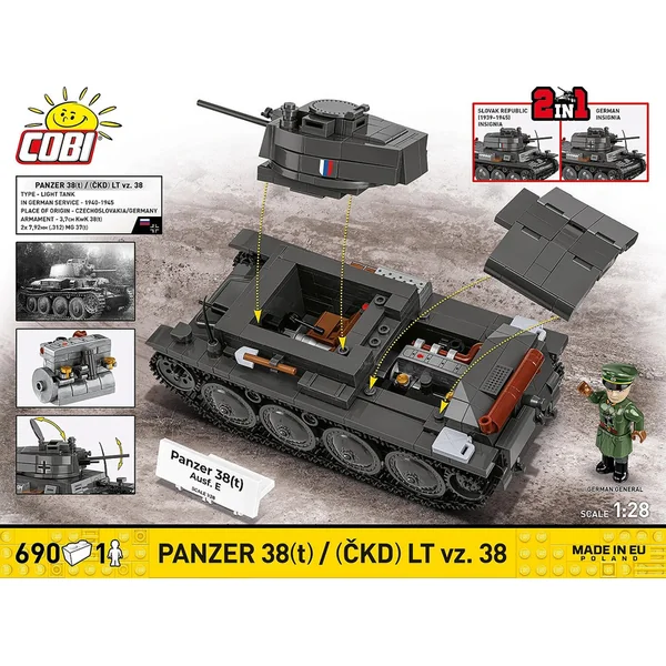 Cobi 2666 Seconde Guerre mondiale Panzer 38(t)/ČKD LT vz. 38, 2en1, 1:28, 705 p, 1 f