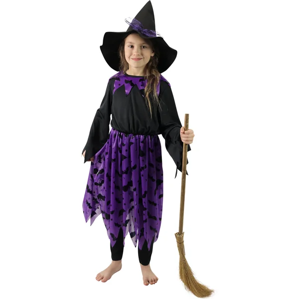 Costume de sorcière pour enfant avec chauves-souris et chapeau (S)