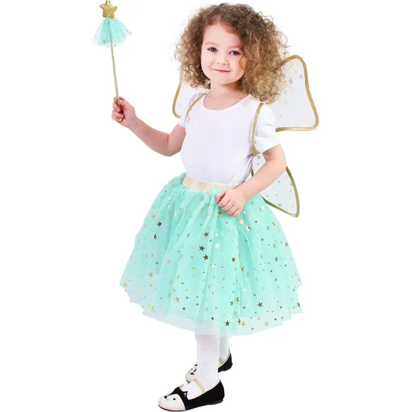 Costume enfant tutu jupe fée verte avec baguette et ailes e-emballage