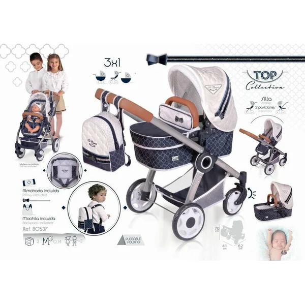 DeCuevas 80537 Poussette pliable pour poupées 3 en 1 avec sac à dos TOP Collection