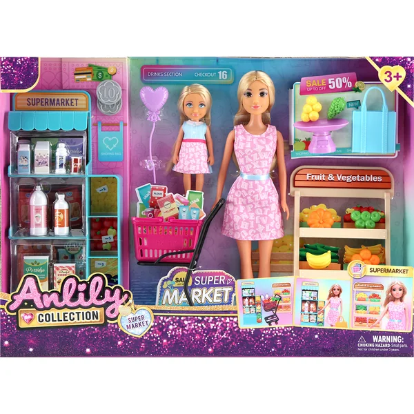 Ensemble de poupées et fillettes avec chariot de supermarché