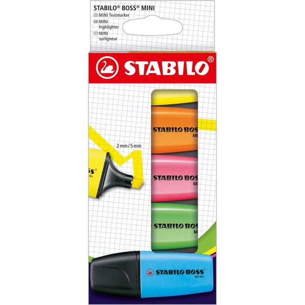 ETUI CARTON X 5 STABILO BOSS MINI - BLEU + VERT + ROSE + ORANGE + JAUNE