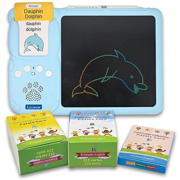 IMAGIER A CARTES INTERACTIF BILINGUE PARLANT AVEC TABLETTE A DESSIN ET 200 CARTES EDUCATIVES RECTO VERSO EN ANGLAIS ET EN FRANCAIS