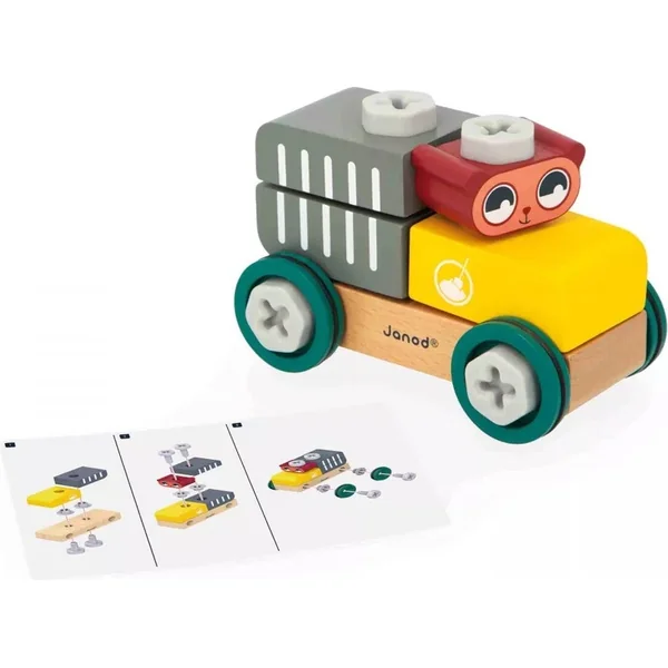 Janod BricoKids Kit de construction en bois voiture avec outils Ours 25 pcs