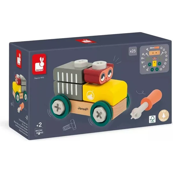 Janod BricoKids Kit de construction en bois voiture avec outils Ours 25 pcs