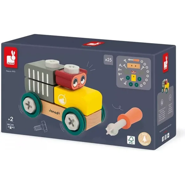 Janod BricoKids Kit de construction en bois voiture avec outils Ours 25 pcs
