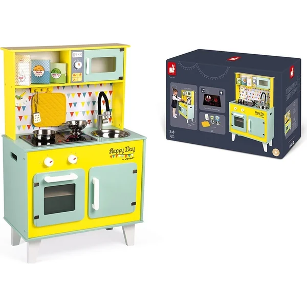 Janod Grande cuisine en bois Happy Day jaune verte avec accessoires