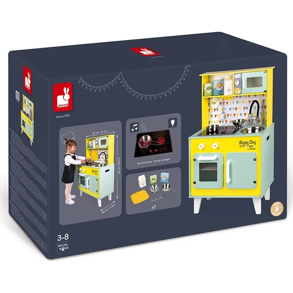 Janod Grande cuisine en bois Happy Day jaune verte avec accessoires