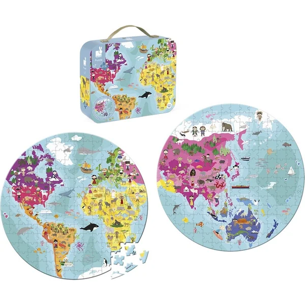 Janod Puzzle dans une valise double face Globe Carte du monde 208 pcs