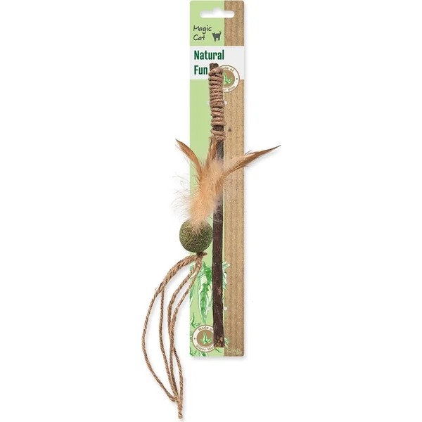 Jouet Magic Cat Natural Fun baguette avec plumes naturelles et ficelles mix 25cm
