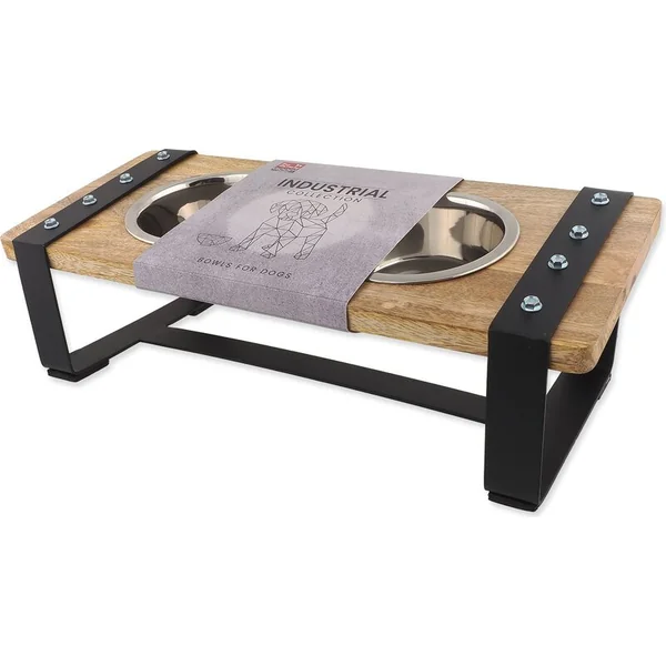 Misky Dog Fantasy inox avec support en bois, structure en fer 2x400ml