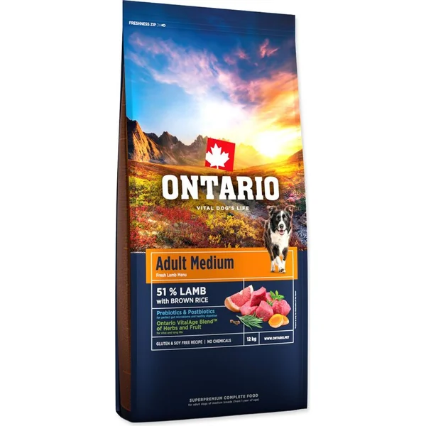 Nourriture Ontario Adult Medium Agneau & Riz Brun 12kg