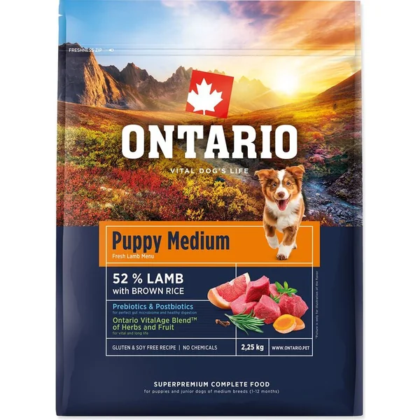 Nourriture Ontario Puppy Medium Agneau & Riz Brun 2,25kg