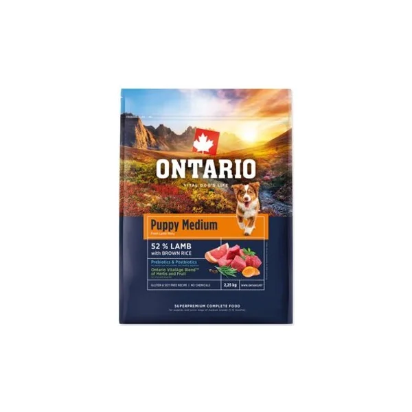 Nourriture Ontario Puppy Medium Agneau & Riz Brun 2,25kg