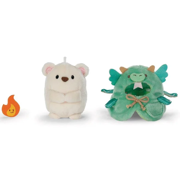 PELUCHE OURS POLAIRE SNONO 8 CM AVEC COSTUME DE FLAMME ET DE DRAGON
