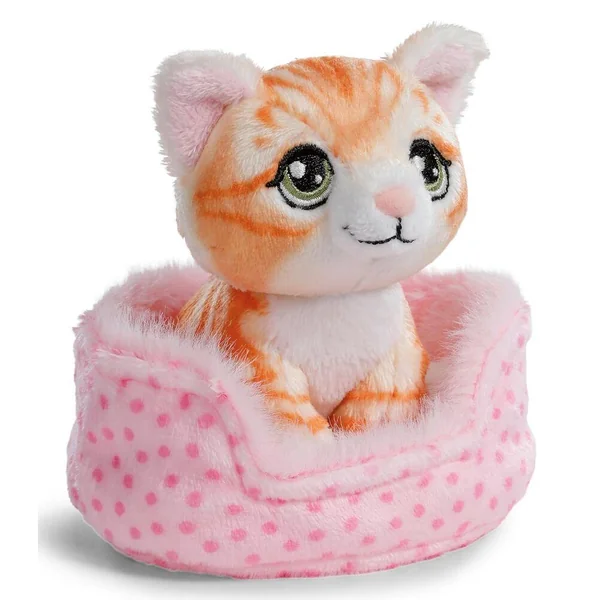 PELUCHE SOFT TOY CAT RED TABBY 12CM IN BASKET PINK GREEN