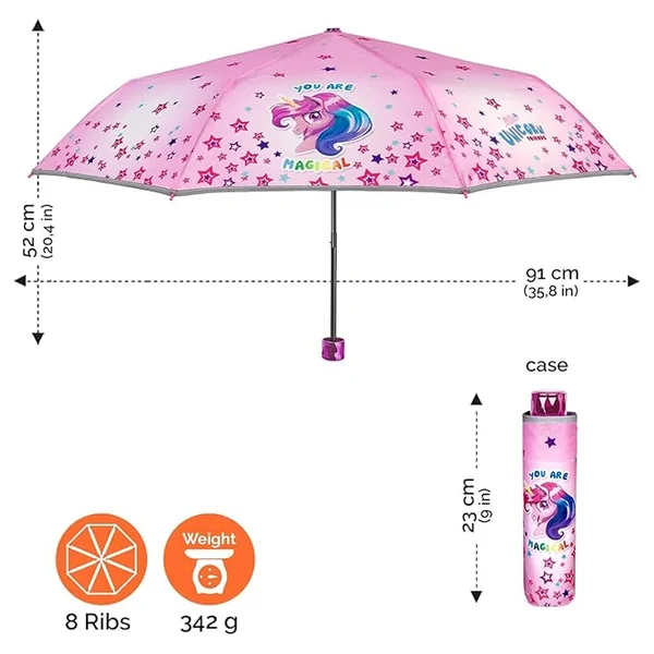 Perletti - Rain Umbrellas - Unicorn Mini Folding Umbrella - 3-6 Yrs - Reflective Safety