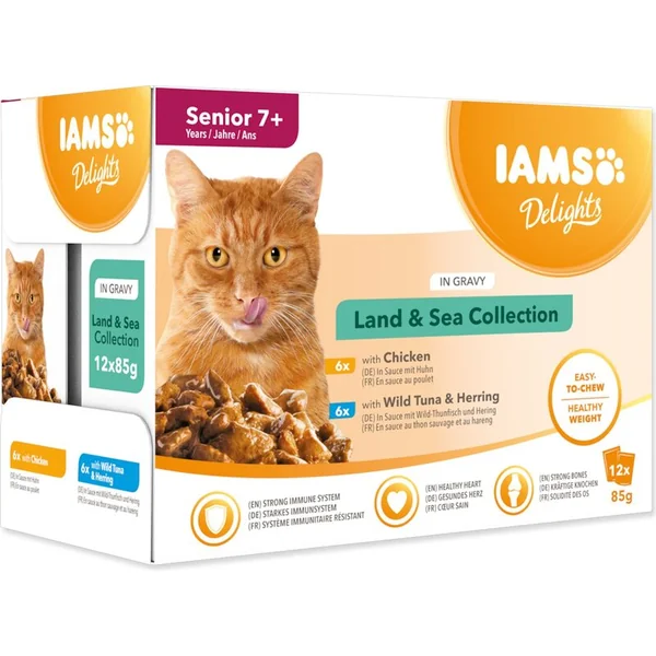 Pochette IAMS Delights senior viande marine et terrestre en sauce 1020g (12x85g)