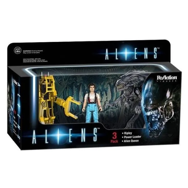 RIPLEY, POWER LOADER & QUEEN ALIEN PACK 3 FIGURINES ALIENS RE-ACTION SUPER7 9 CM