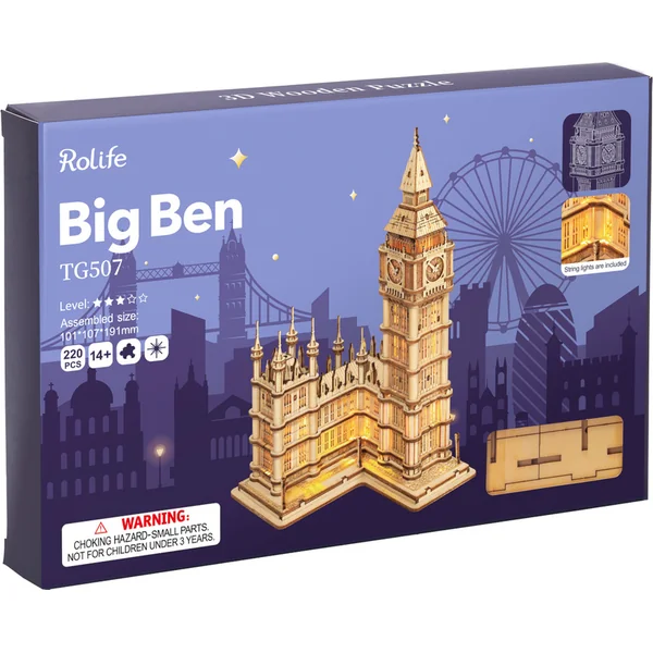 RoboTime puzzle 3D en bois tour de l'horloge Big Ben lumineux