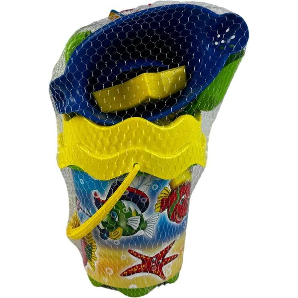 SEAU DE PLAGE PELLE RATEAU MOULES ARROSOIR SPORT AND FUN DIAM 17CM BLEU JAUNE