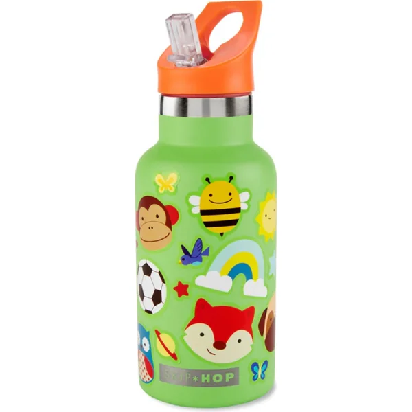 SKIP HOP Bouteille avec paille en acier inoxydable avec autocollants cantine verte 380 ml,