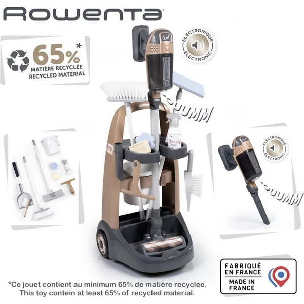 Smoby Chariot de ménage pour petite ménagère avec aspirateur balai Rowenta