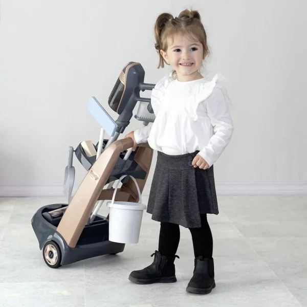 Smoby Chariot de ménage pour petite ménagère avec aspirateur balai Rowenta